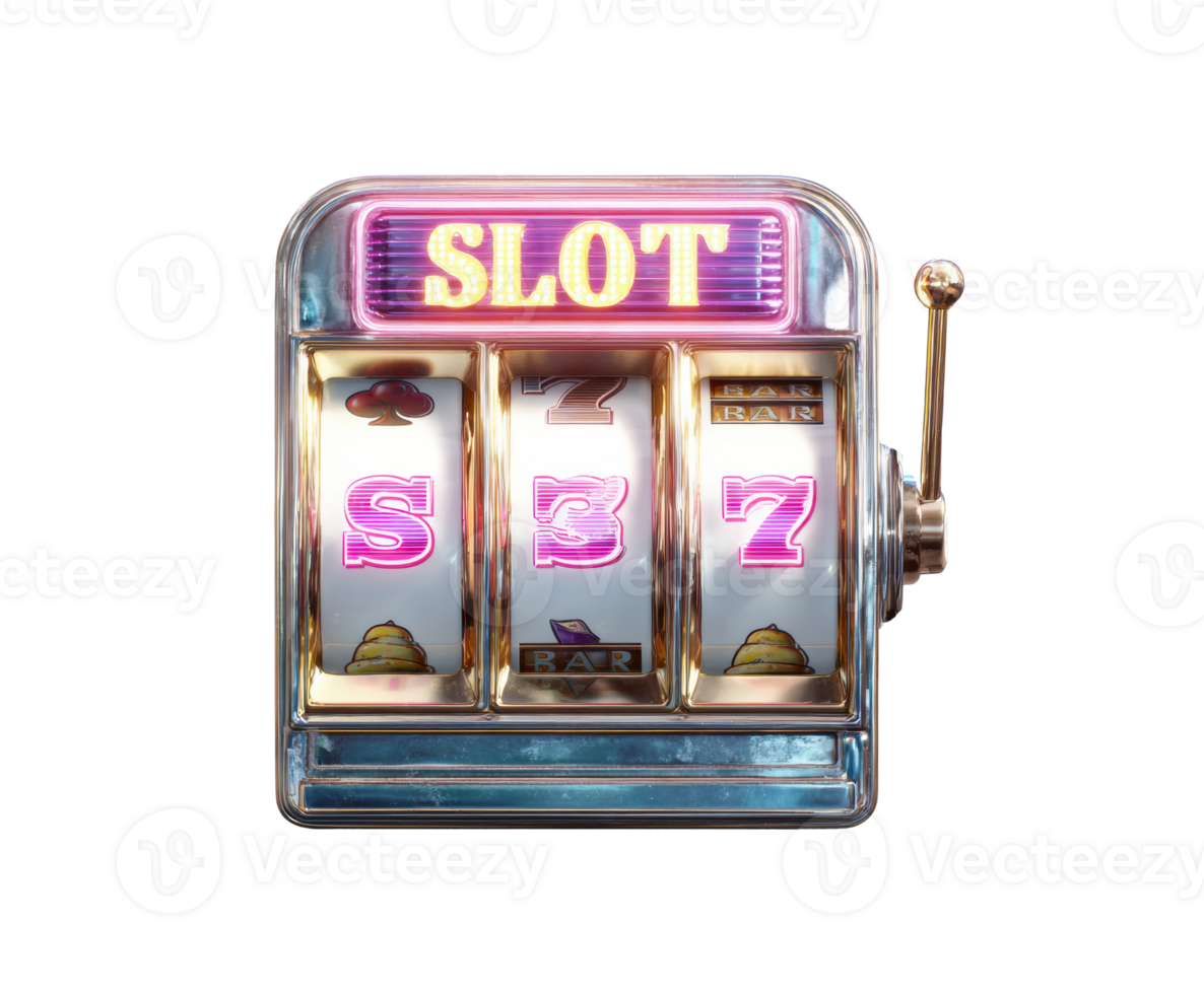 Slot machine with colorful symbols and bright lights for entertainment png