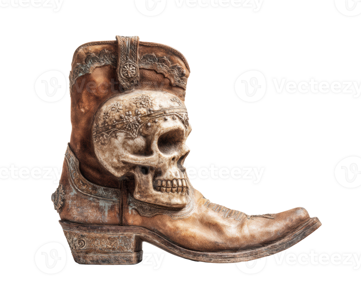 Unique cowboy boot design with skull decoration for artistic display png