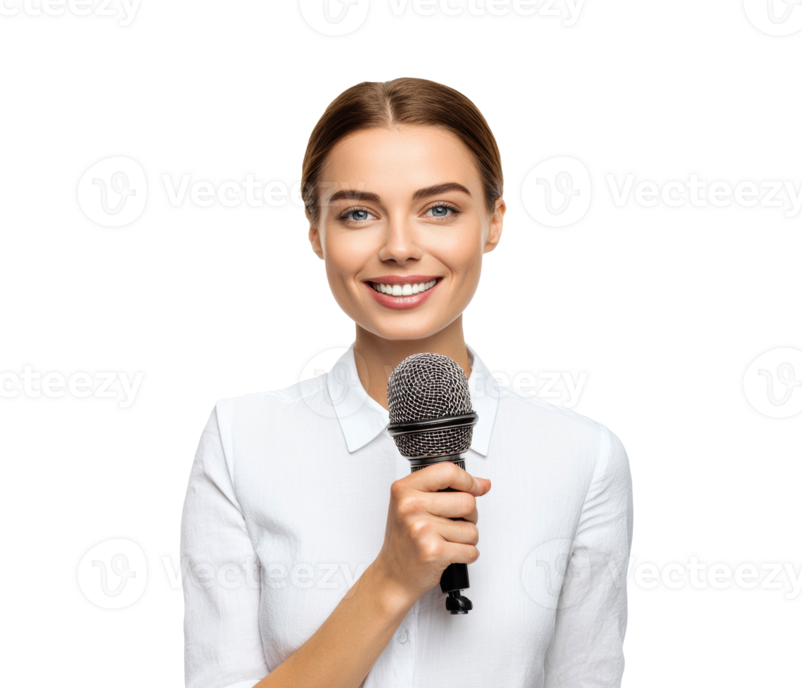 Smiling woman holding microphone ready for presentation or performance png