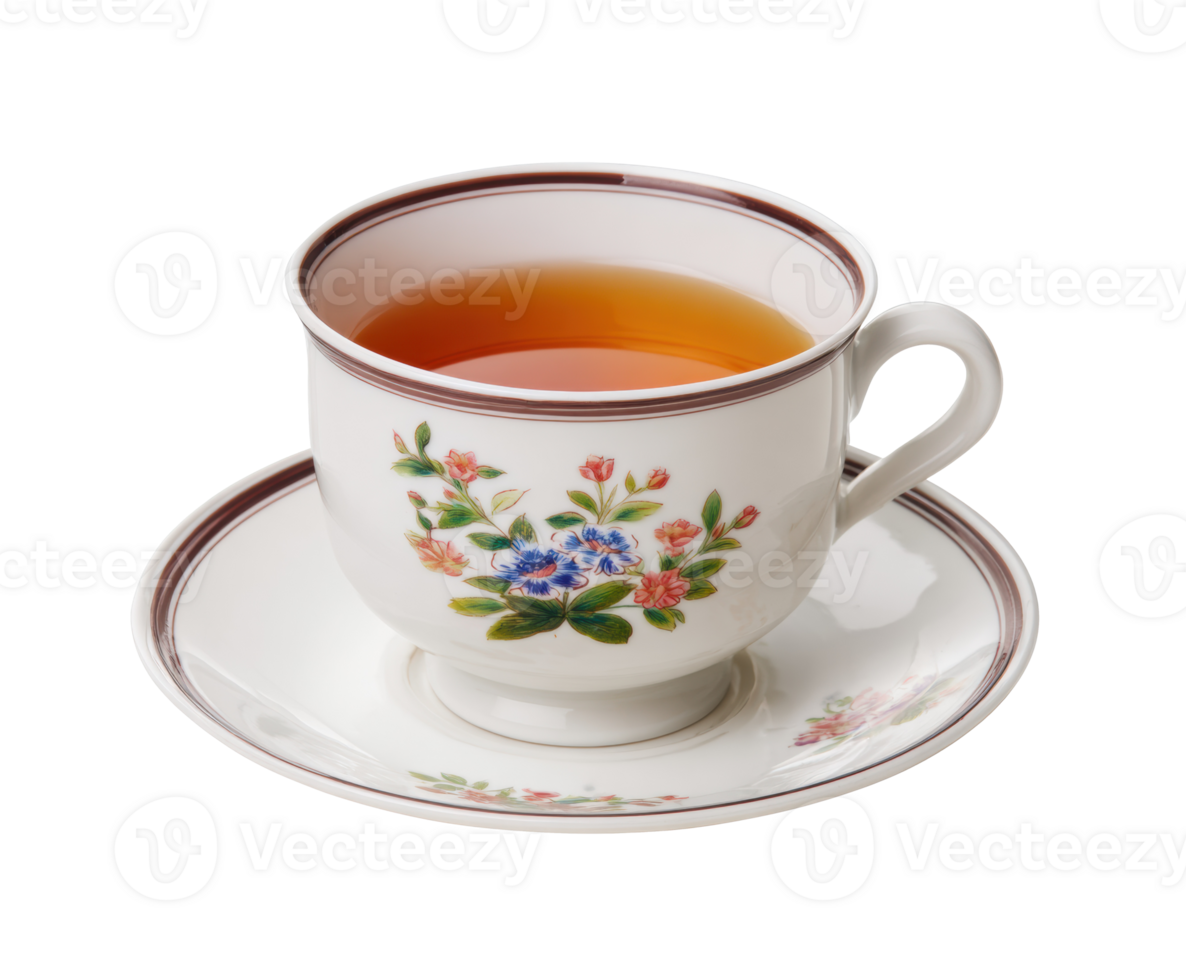 Elegant tea cup with floral design and warm beverage png