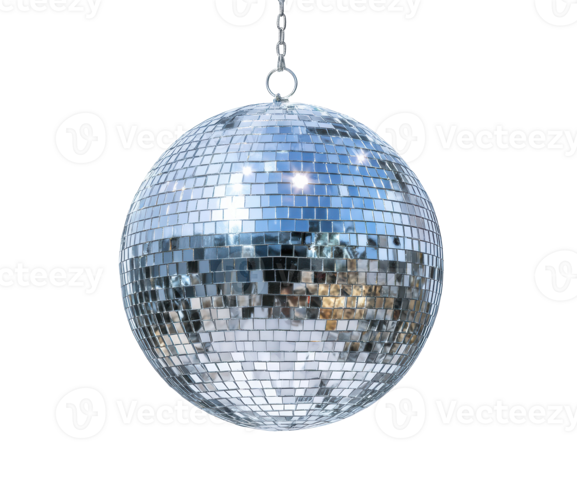 Shimmering disco ball hanging in bright venue with reflections png