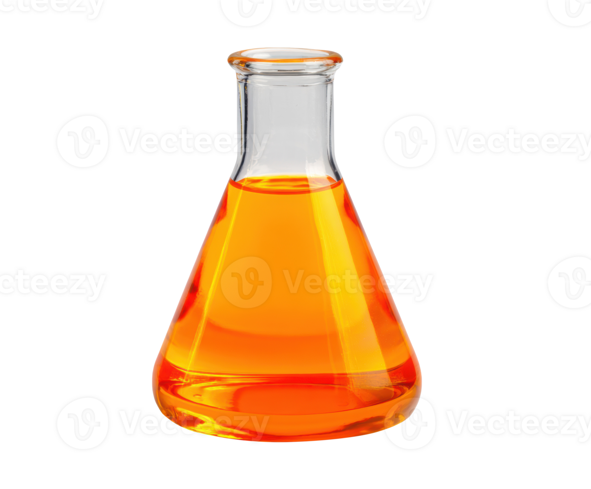 Bright orange liquid in a laboratory flask on a clean surface png