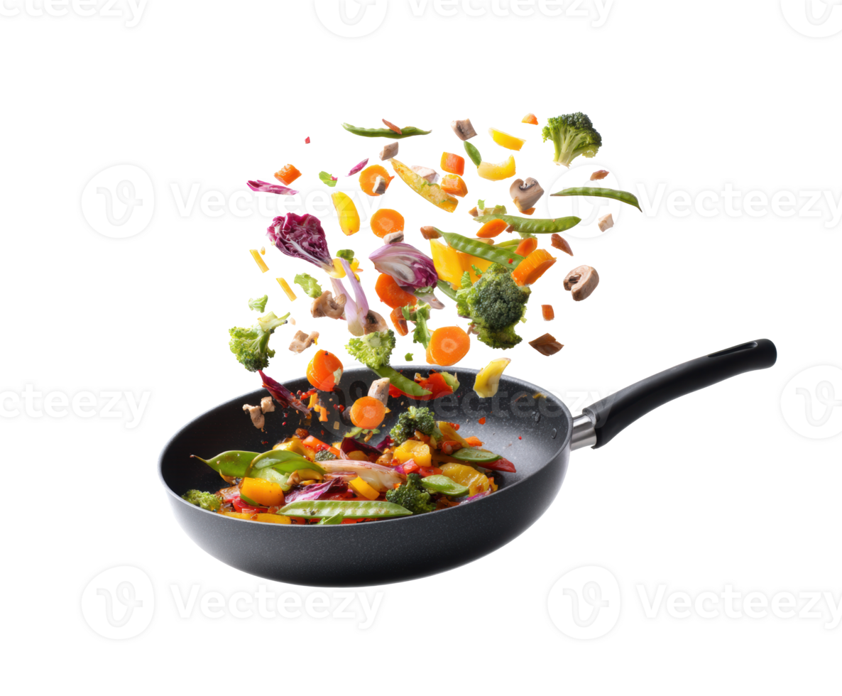 Colorful vegetable stir fry flying in a pan for cooking enthusiasts png