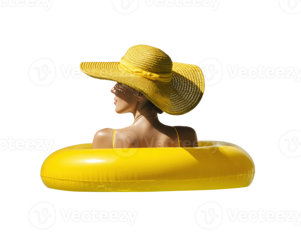 Relaxing summer moments with a yellow float and hat by the pool png