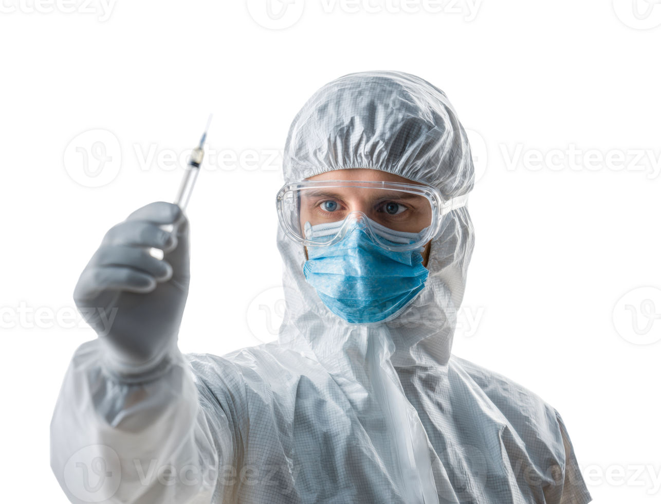 Medic in protective gear prepares a vaccine png