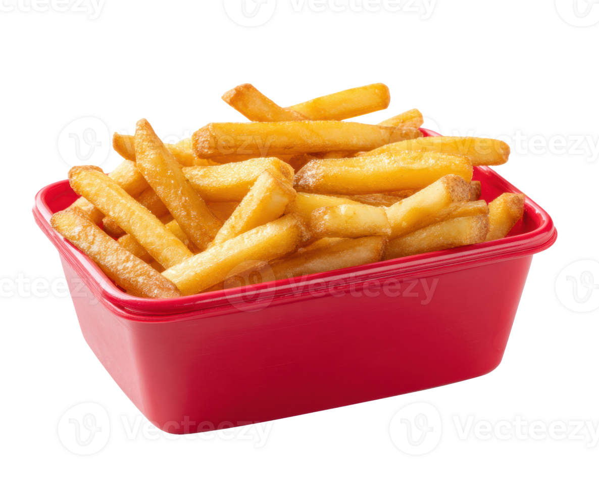 Crispy golden fries served in a red container for casual dining png