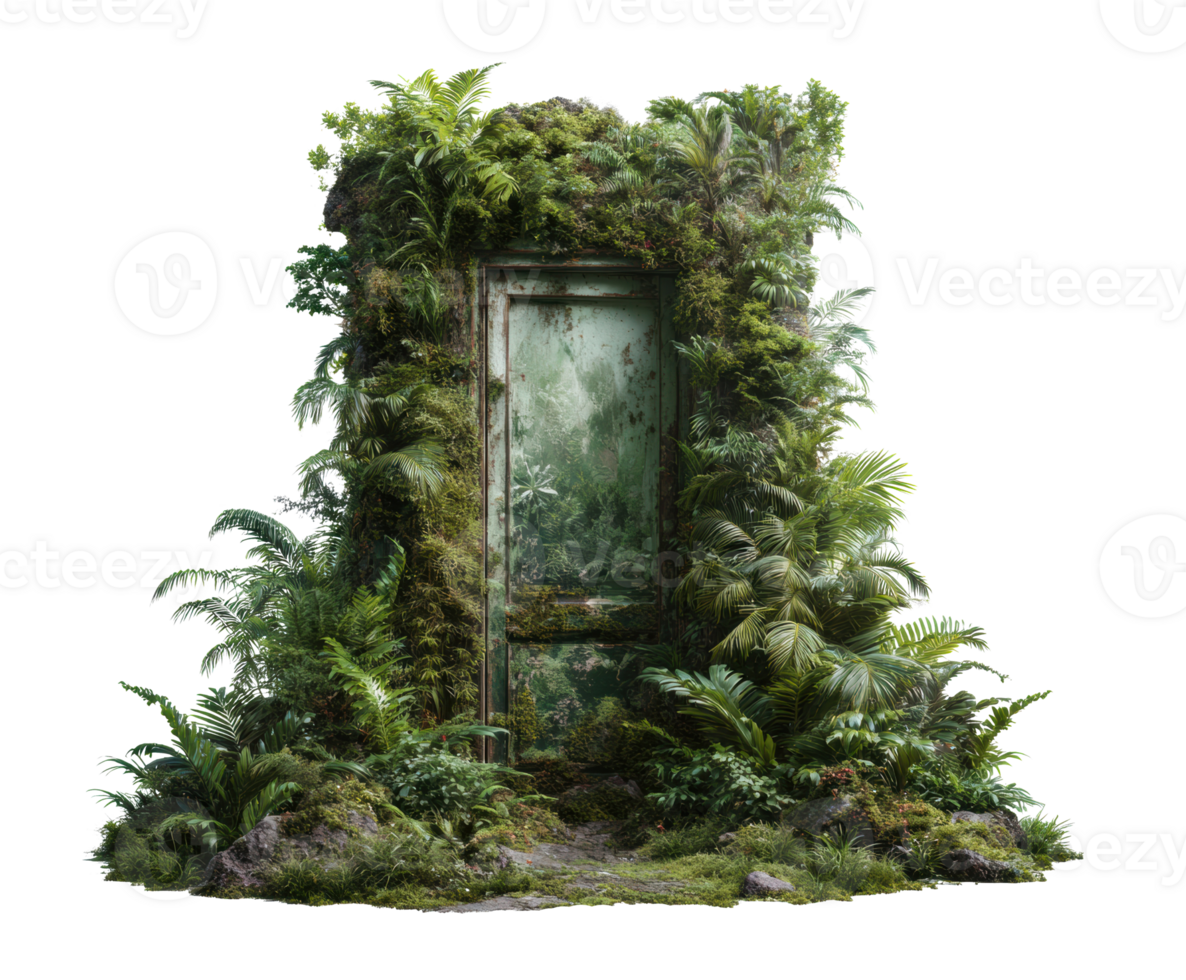 Enchanted doorway surrounded by lush greenery and vibrant plants png