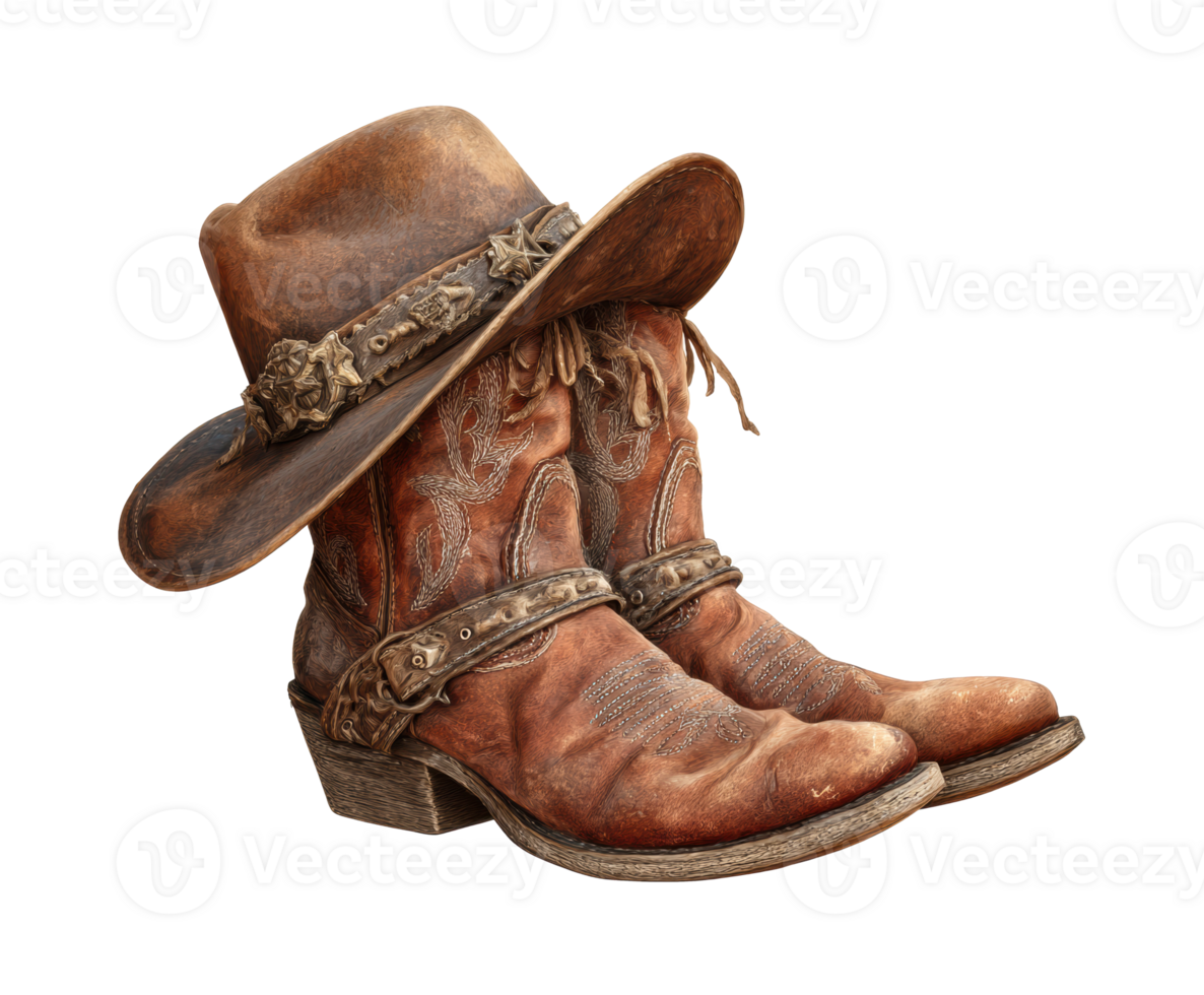 Vintage cowboy boots and hat on a rustic background for western theme png