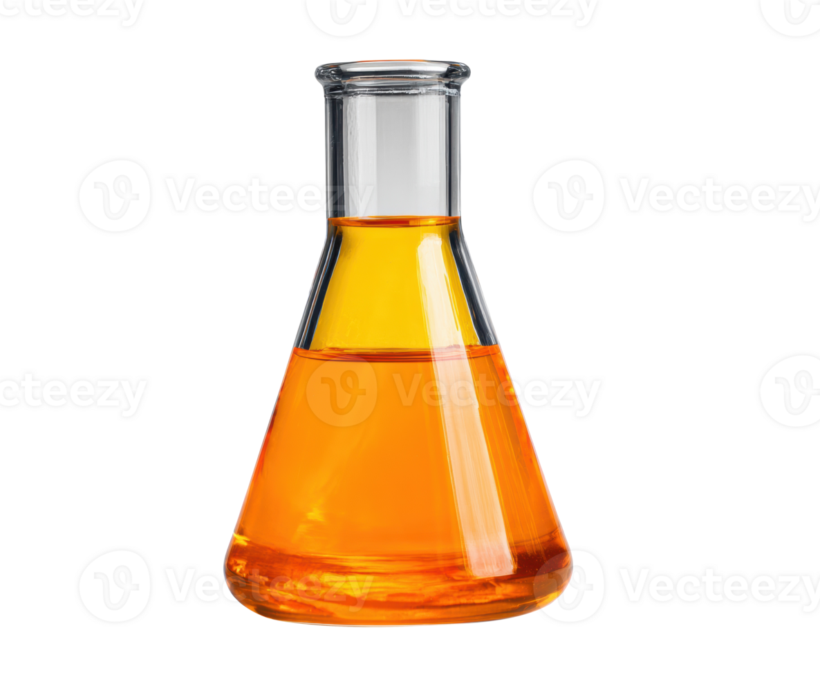 Bright orange liquid in laboratory flask for science experiments png