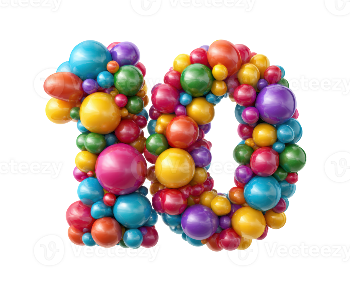 Colorful balloons form number ten for celebration or decoration png