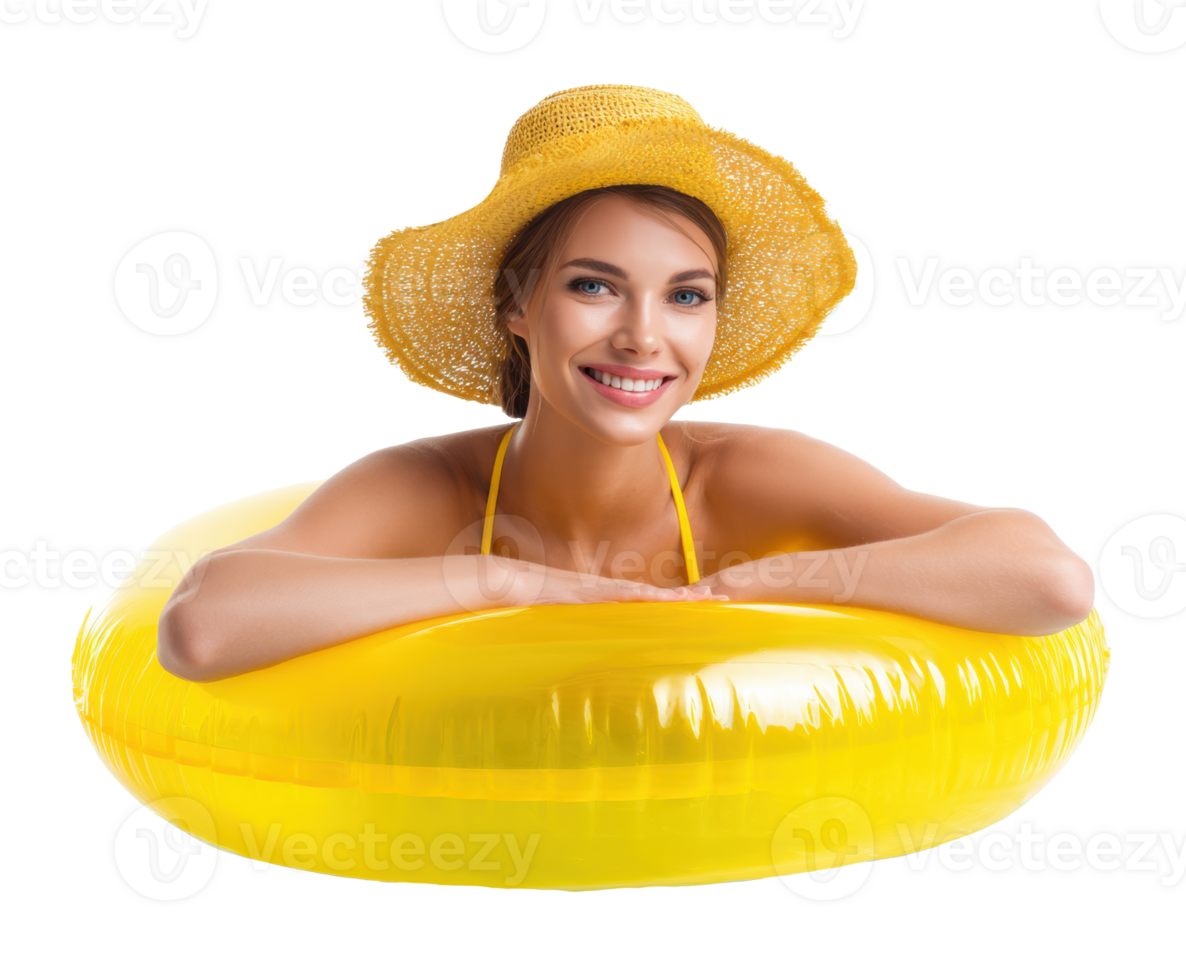 Cheerful woman enjoying summer in a yellow inflatable ring png
