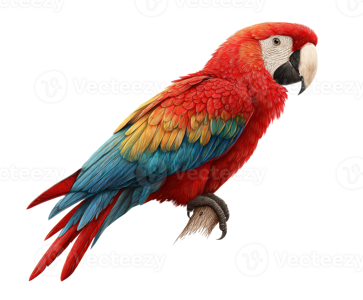 Vibrant scarlet macaw perched on a branch in tropical habitat png