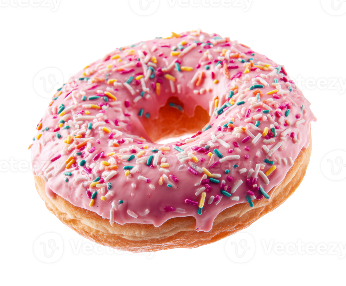 Delicious pink frosted donut with colorful sprinkles for dessert png