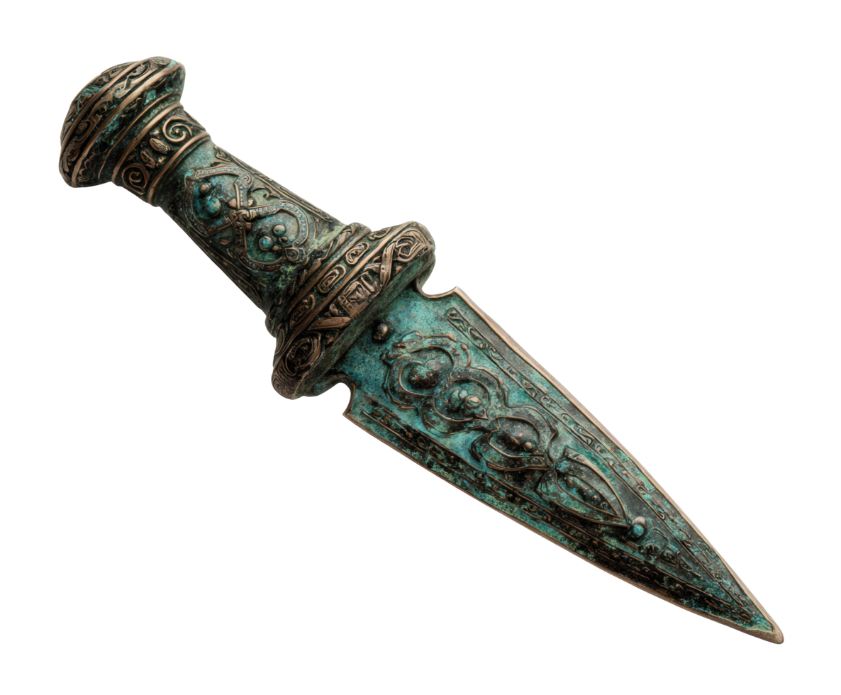 Ancient dagger with intricate designs and patina finish png