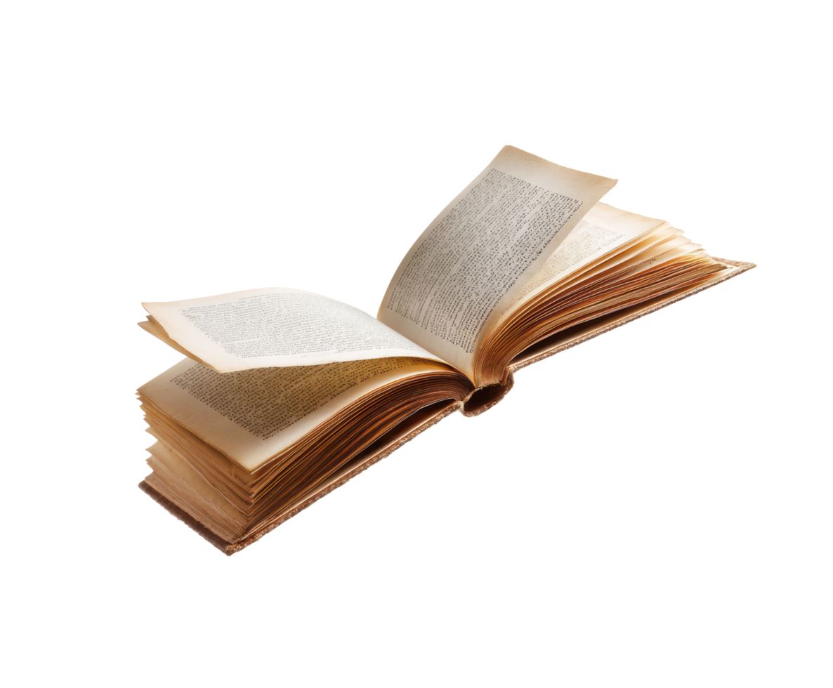 Open book with pages turning revealing text and history png