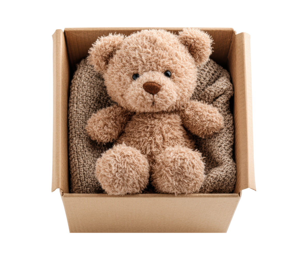 Soft teddy bear in a cardboard box with cozy blanket png