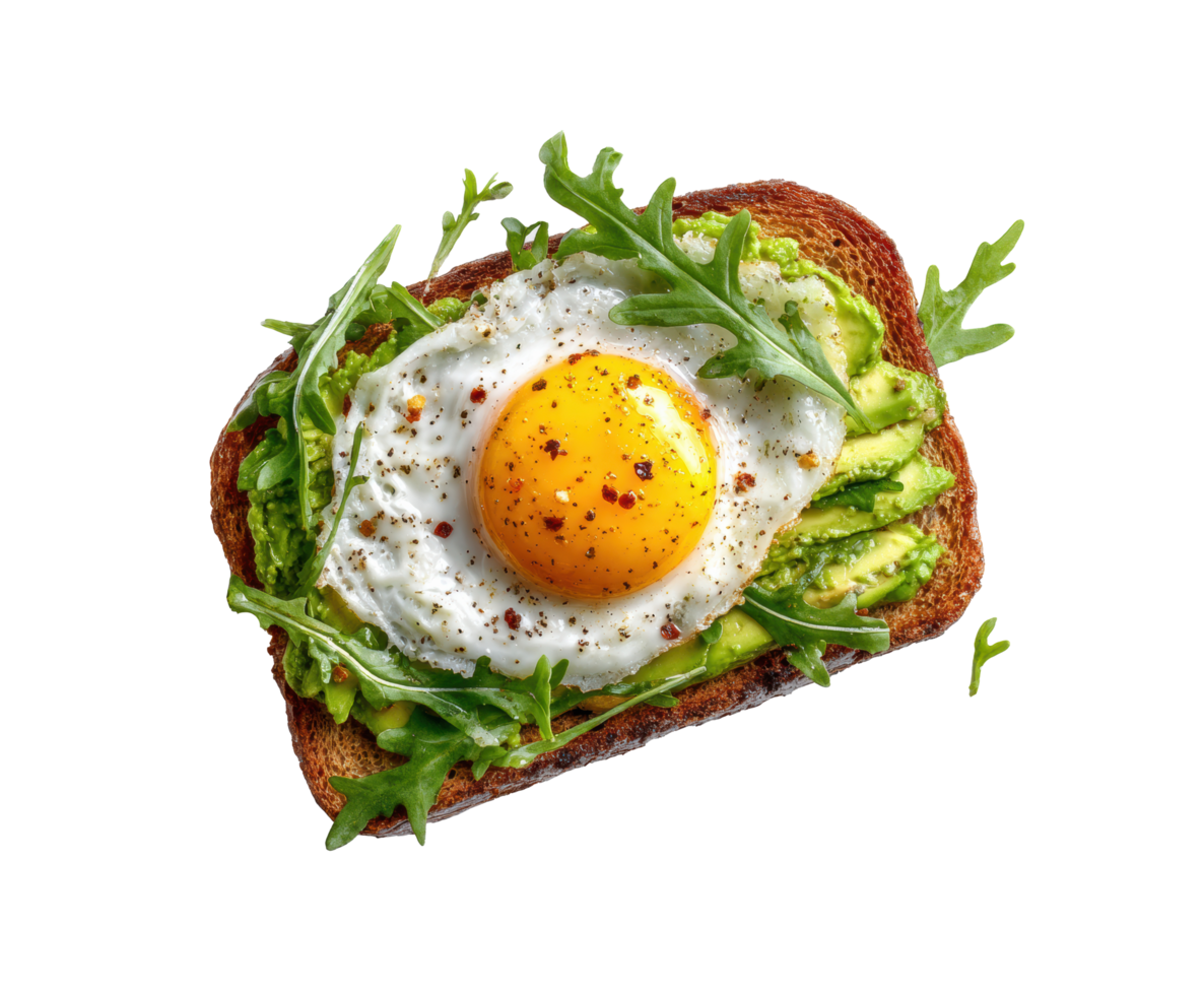 Avocado toast with a fried egg on whole grain bread png