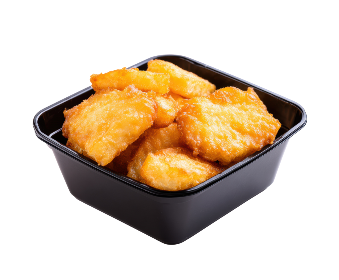 Delicious fried potato pieces served in a black bowl for snacking png