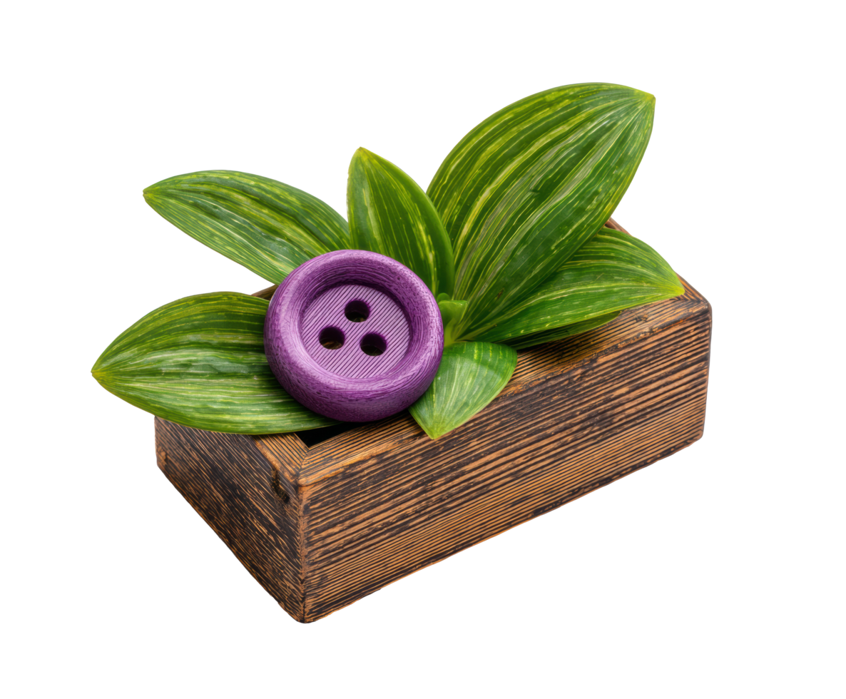 Creative nature-inspired decoration with leaves and a purple button png