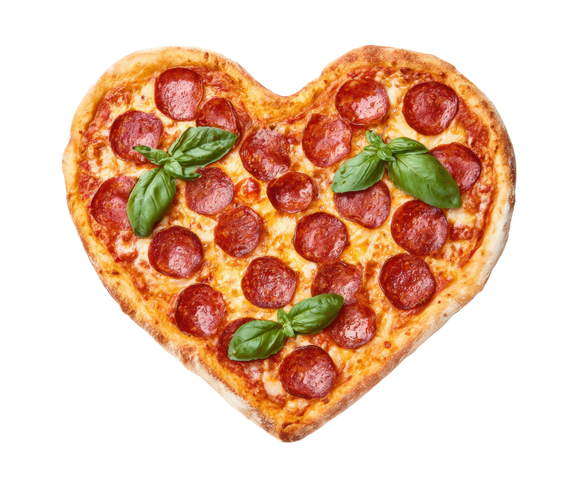 Heart shaped pepperoni pizza with fresh basil for romantic occasions png