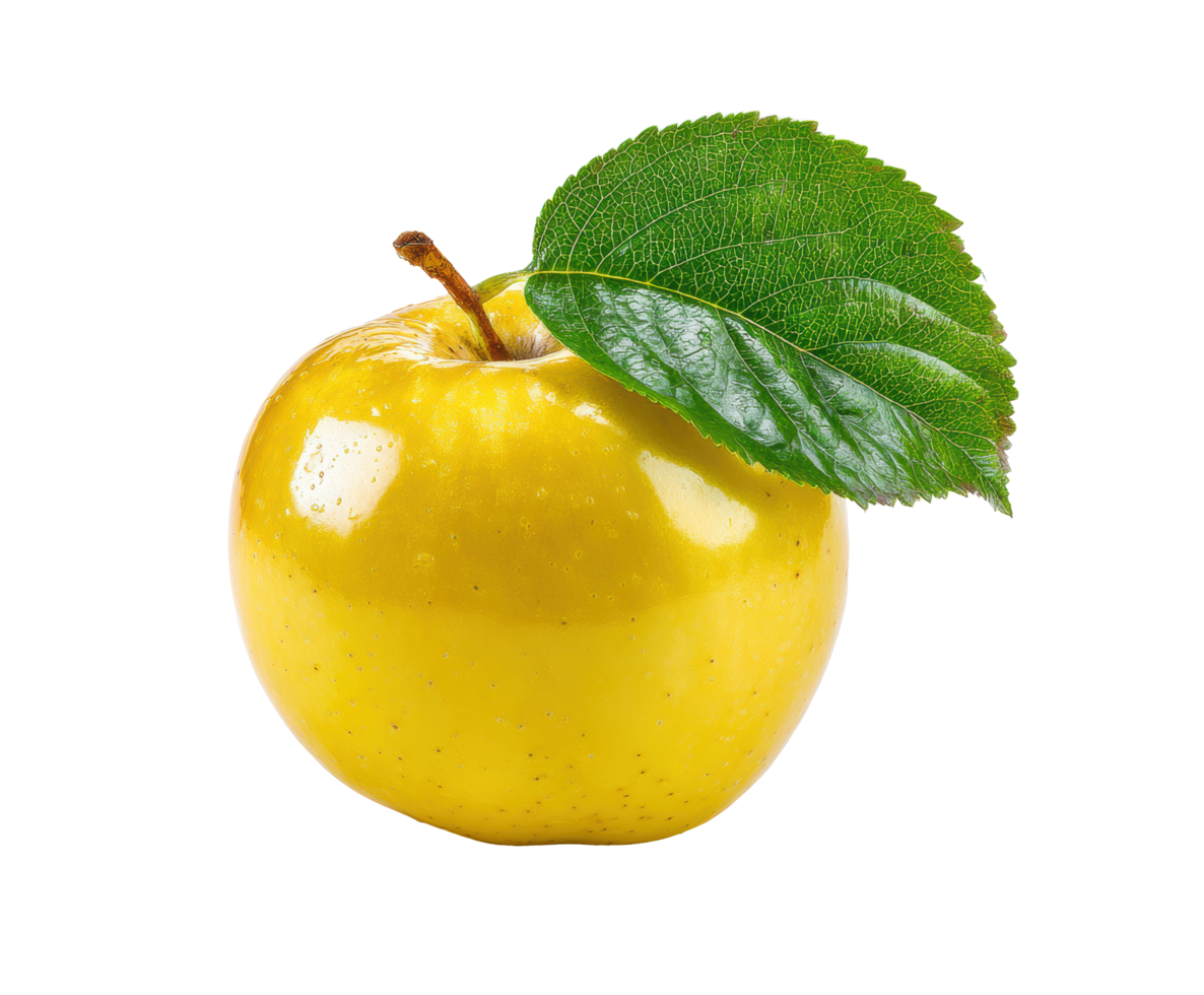 Fresh yellow apple with green leaf for healthy recipes and snacks png