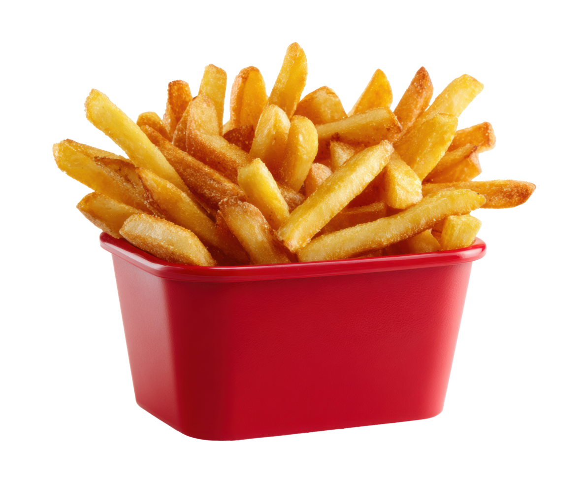Crispy golden fries served in a red container for enjoyment png