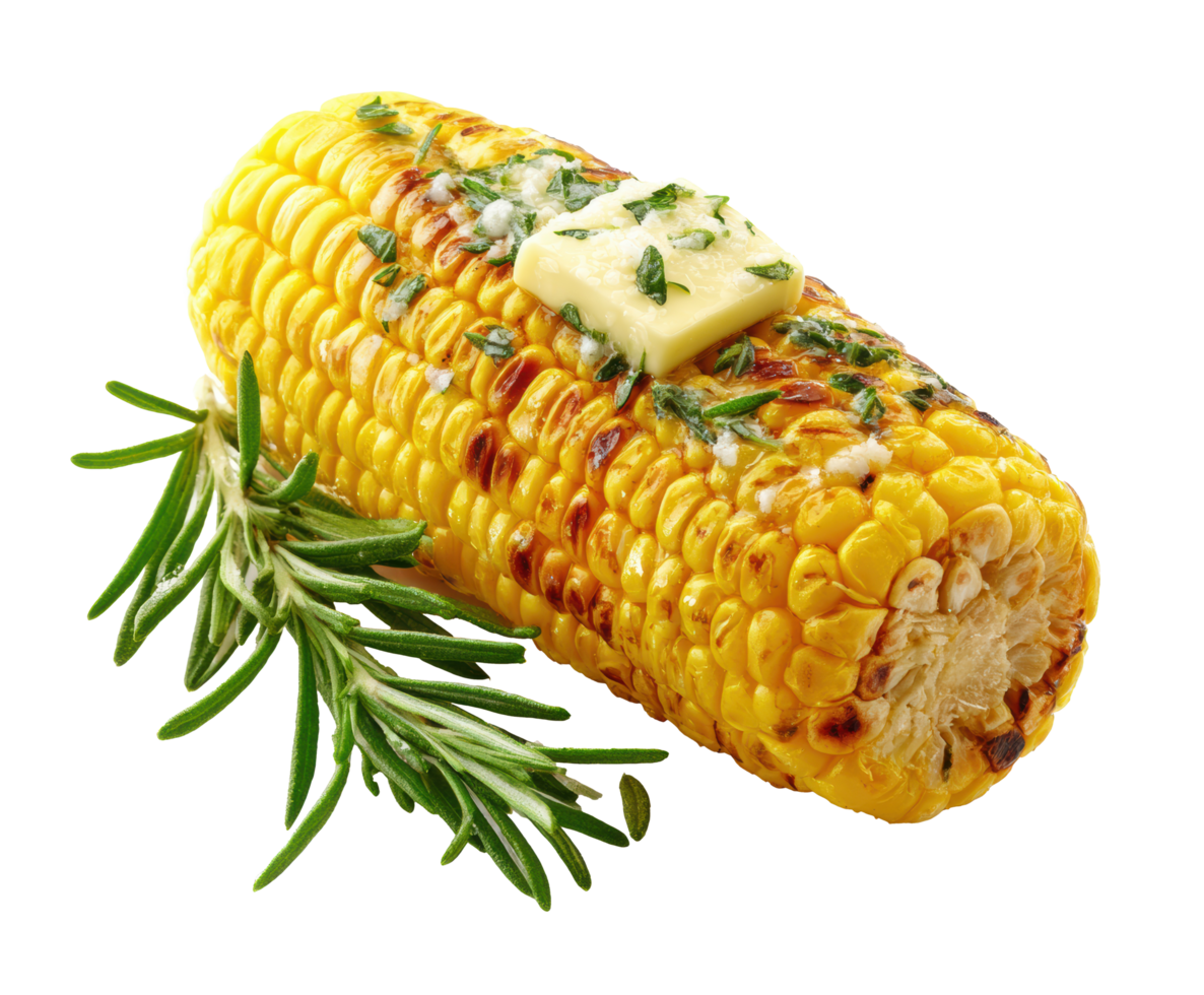 Delicious grilled corn on the cob with butter and herbs png