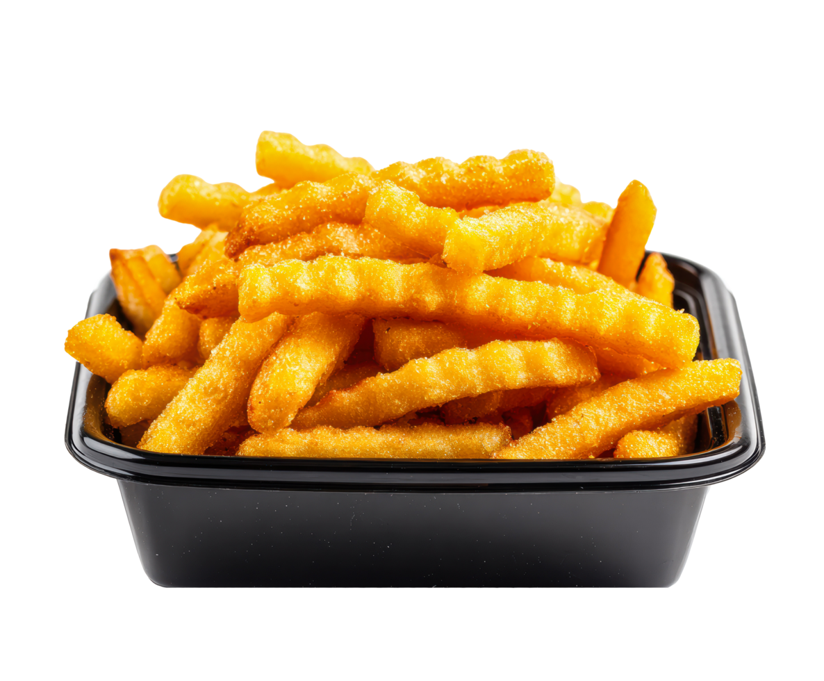 Crispy golden french fries served in a black container for sharing png