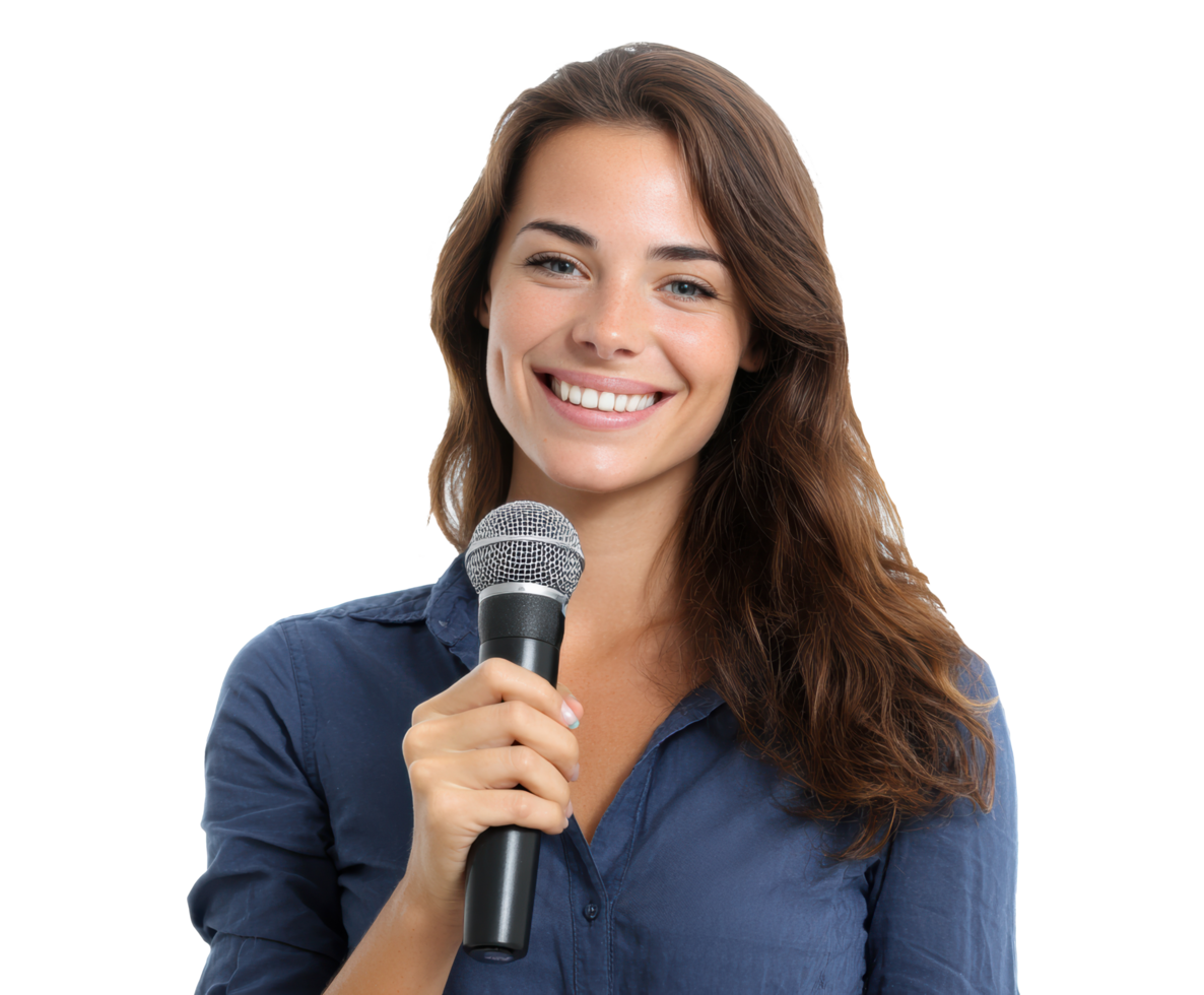 Engaging speaker with microphone showing confidence and enthusiasm png
