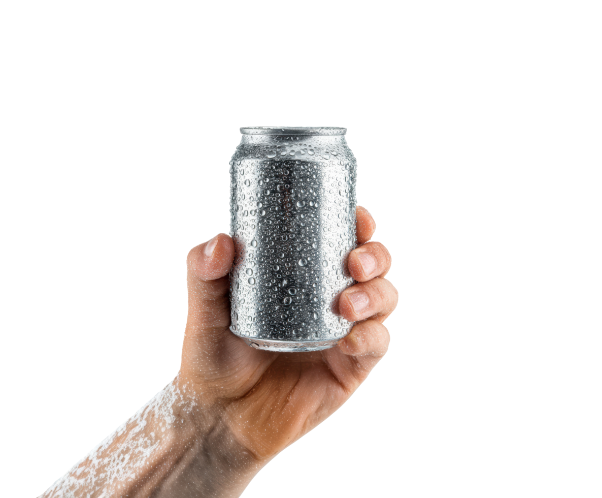 Refreshing can of cold beverage held in hand with condensation png