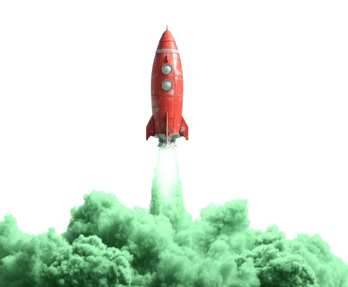 Retro rocket launch with colorful smoke for creative projects png