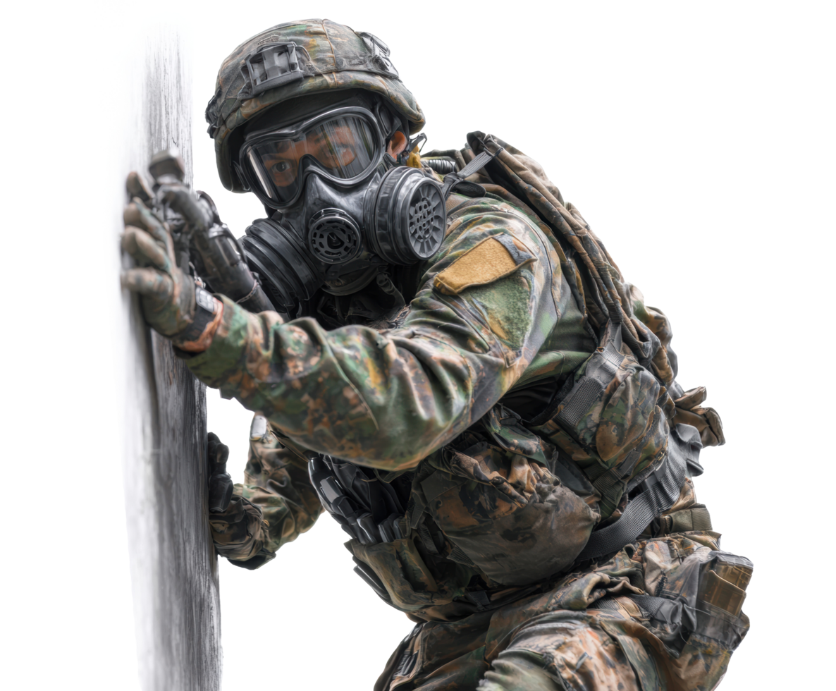 Military personnel in gas mask navigating hazardous environment png