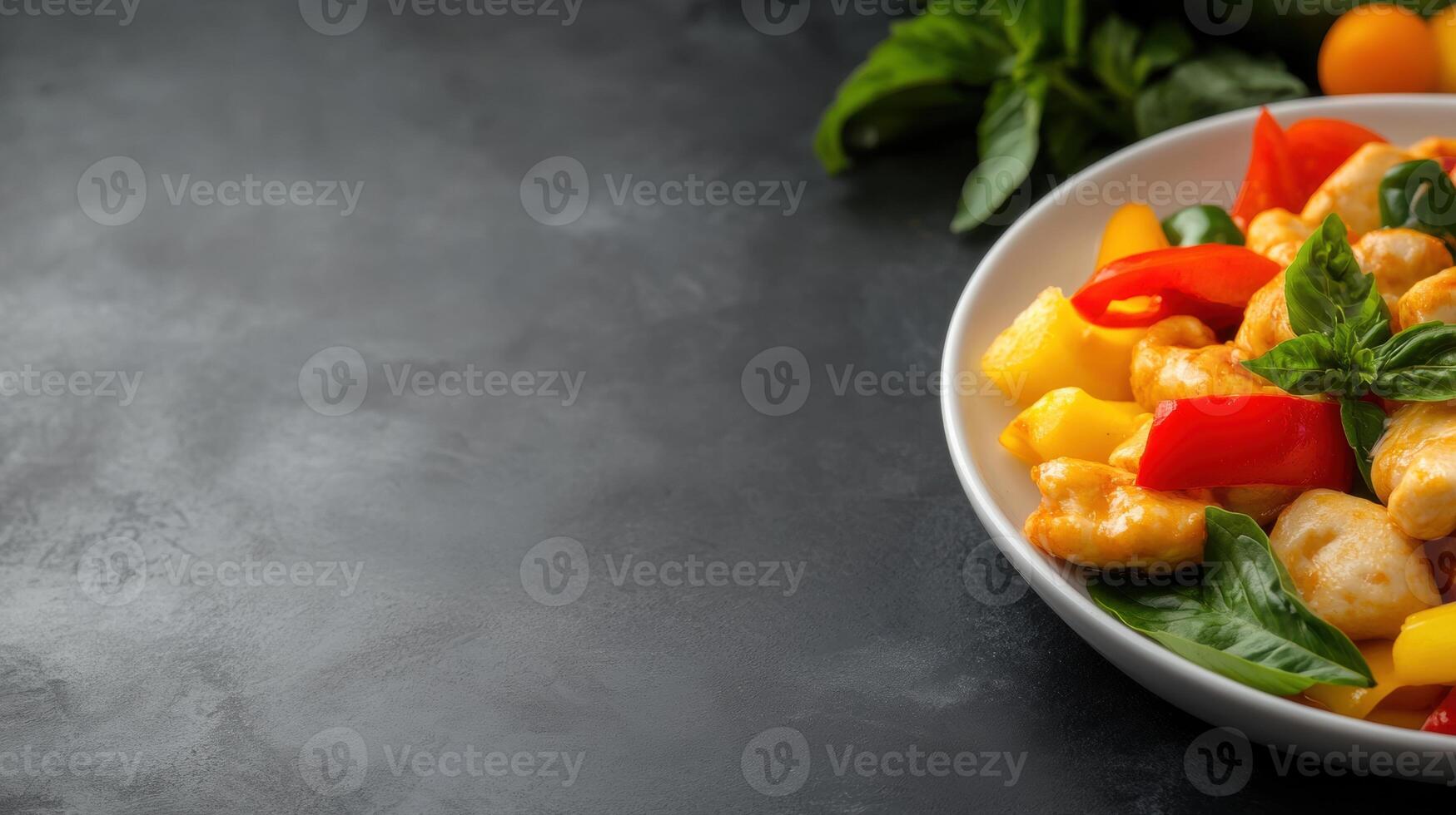 Bright and colorful vegetable salad with fresh tomatoes peppers and leafy greens in a white bowl on dark textured surface photo