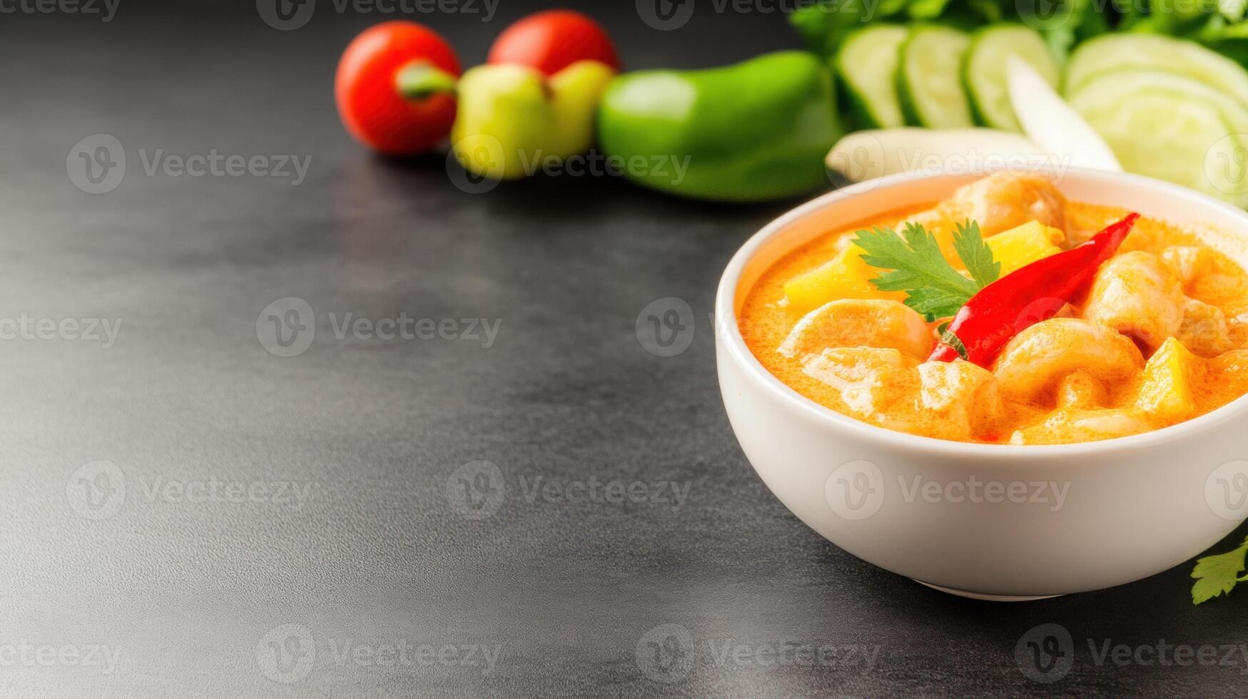 Fresh and Delicious Shrimp Curry in a White Bowl Garnished with Cilantro and Red Chili Served with Fresh Vegetables on a Dark Surface photo