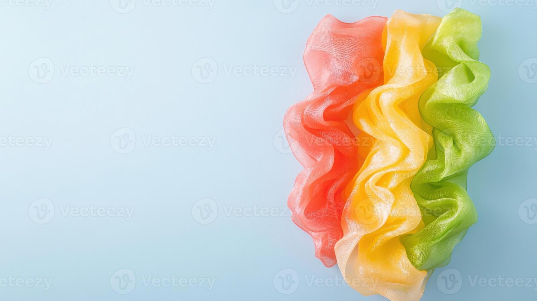 Colorful curly hair scrunchie with vibrant rainbow shades of red yellow orange and green on a light blue background for fashion and accessories photo