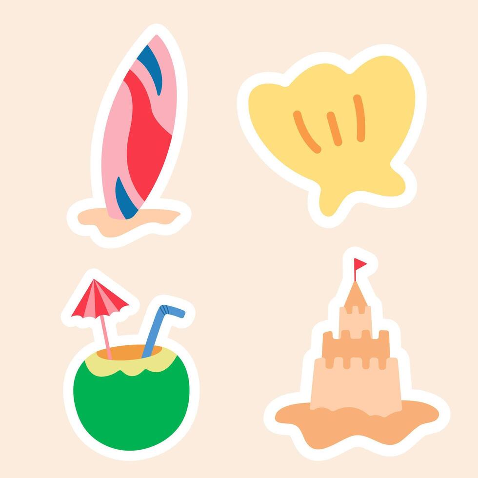 Cute Summer Beach Icons Set-Surfboard, Coconut Drink, Shell, and Sandcastle vector
