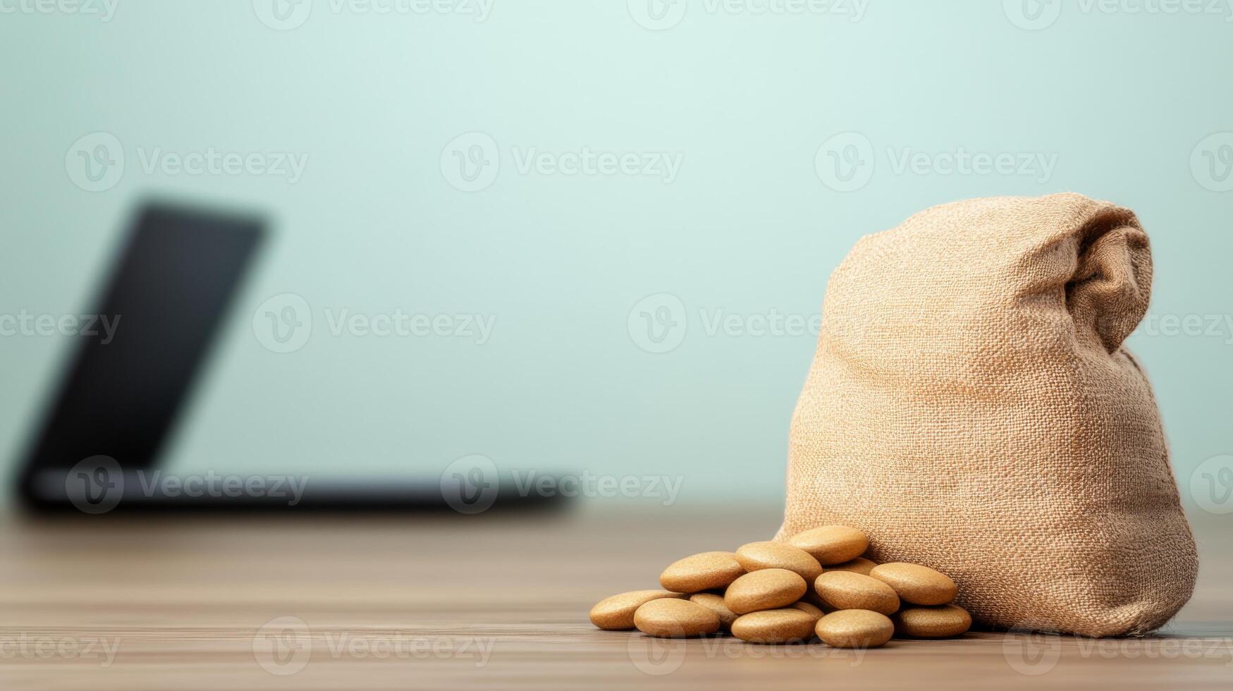 Close-up of a beige fabric money bag with gold coins spilling out on wooden table surface with blurred laptop in background, symbolizing savings or finances photo