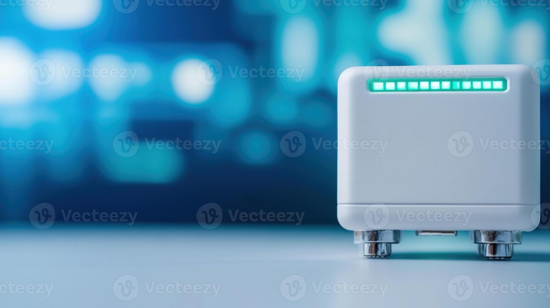 Modern wireless router device with multiple antennas and blinking indicator lights on a sleek blue background for internet connectivity and networking photo