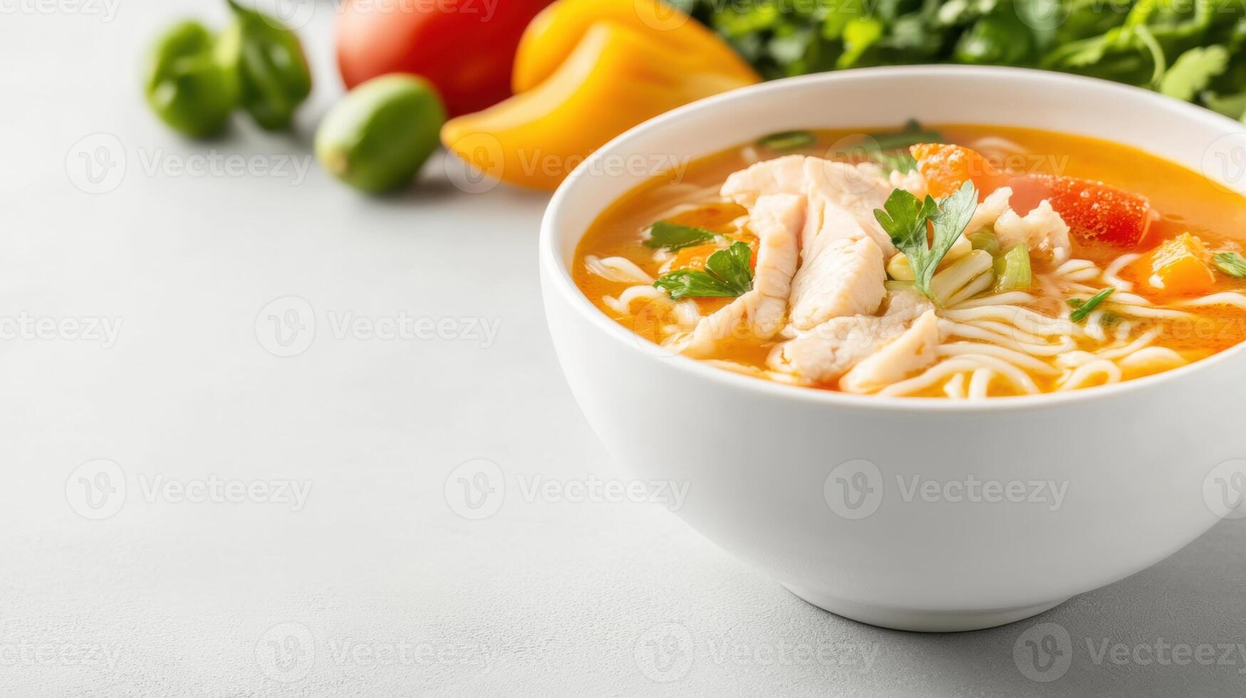 Delicious hot Asian chicken noodle soup with fresh vegetables, herbs, and savory broth in a white bowl on a light background with colorful vegetables around photo