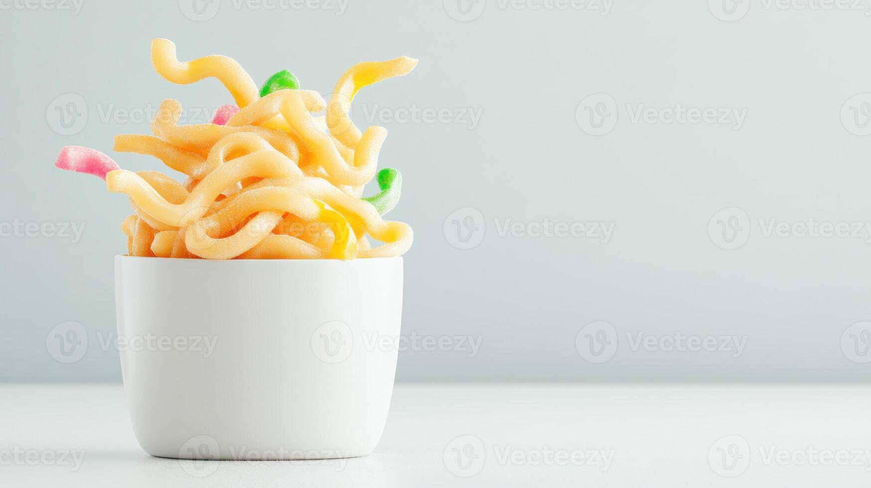 Freshly prepared colorful spaghetti salad with twisted pasta noodles garnished with pastel candy-coated chocolate pieces in a white bowl on light background photo