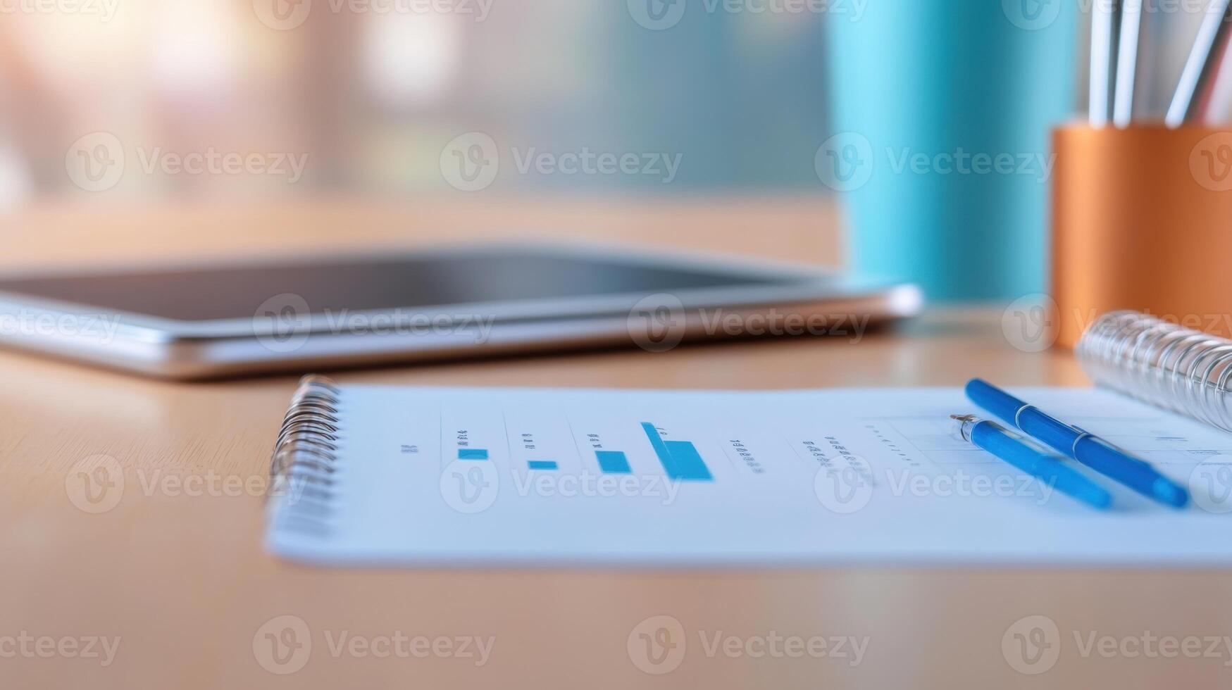 Office workspace with financial documents, charts, and pens on a wooden desk with a laptop and stationery in a bright modern office setting photo