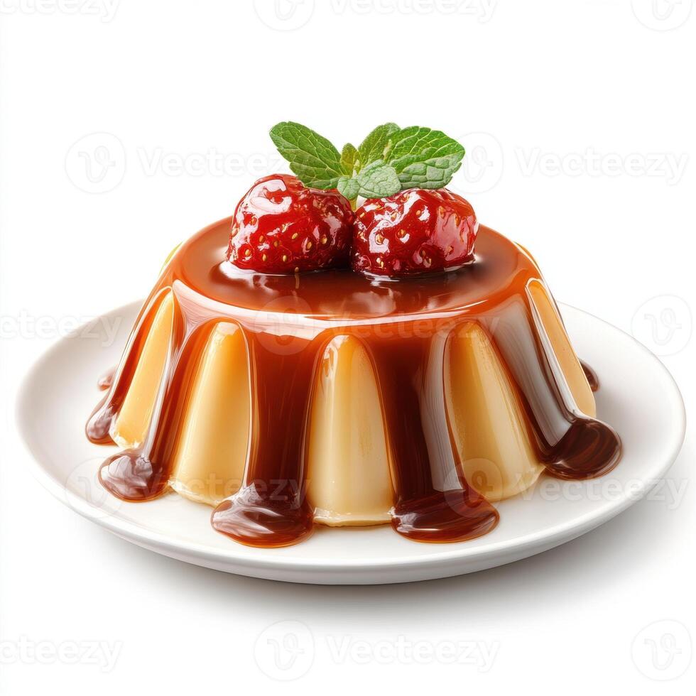 Creamy caramel flan dessert topped with fresh strawberries and mint leaves served on a white plate, delicious sweet treat with smooth texture and rich flavor photo