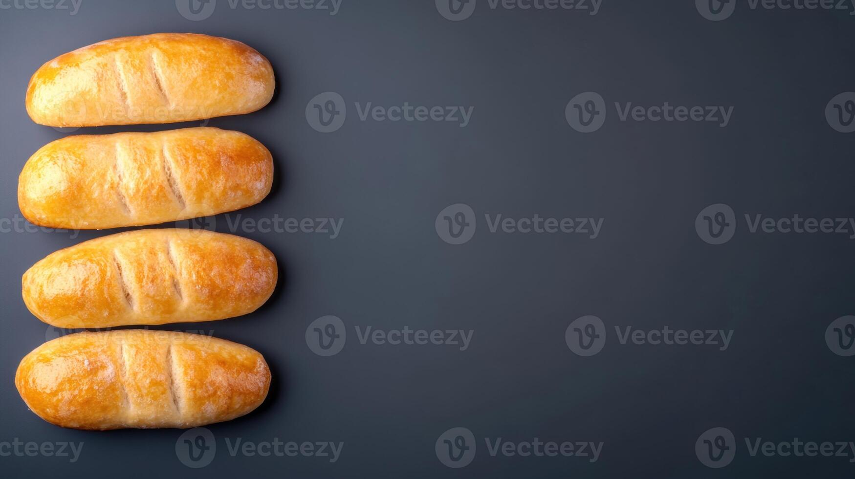 Freshly baked croissants with golden crust and flaky layers placed in a vertical line on a dark background with space for text or decoration photo