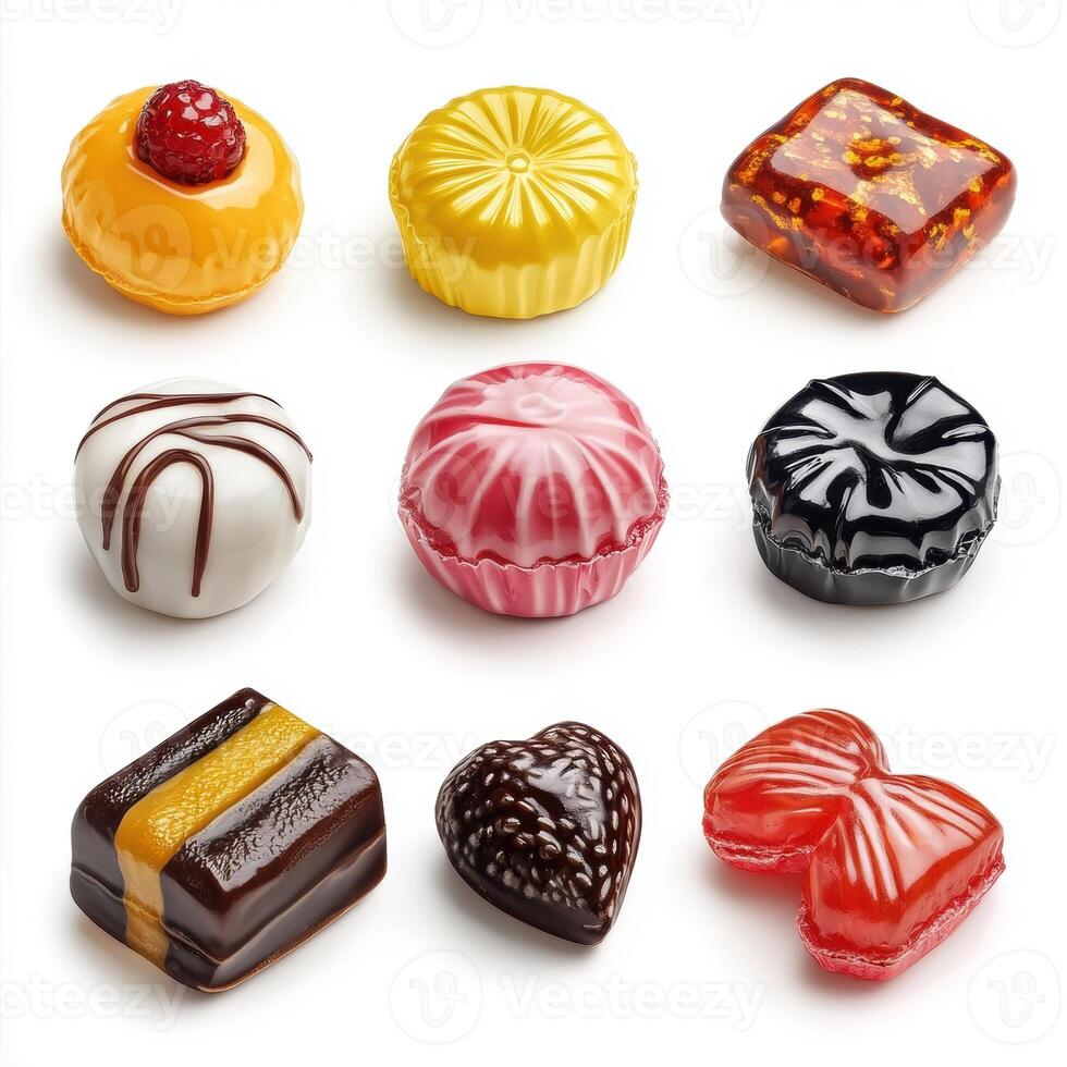 Assorted colorful Beian chocolates with various shapes and glossy finishes including fruity, caramel, and biscuit flavors on a white background photo