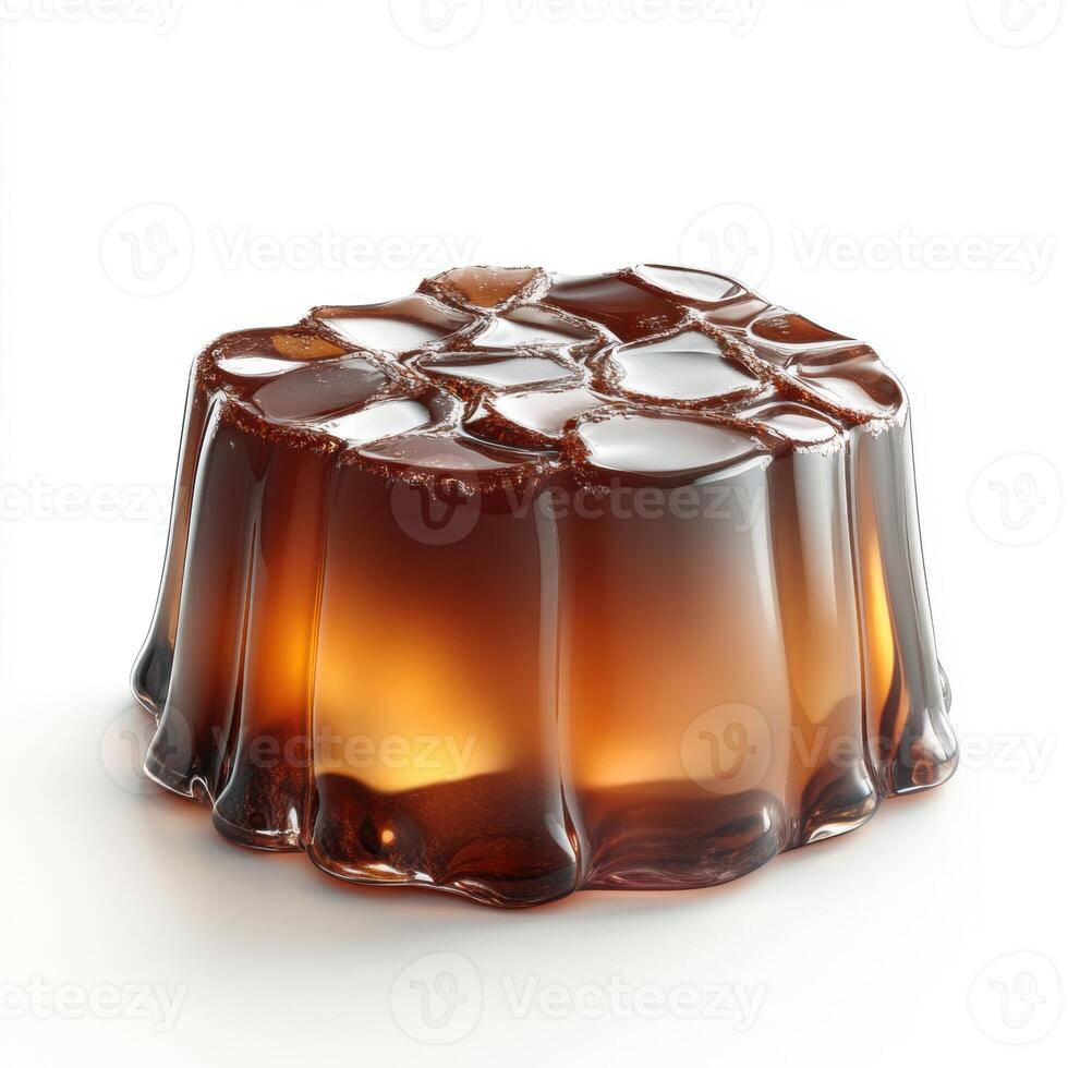 Close up of a rich, glossy, semi-transparent caramel jelly on a white background highlighting its smooth texture and shiny surface for dessert and food presentation photo