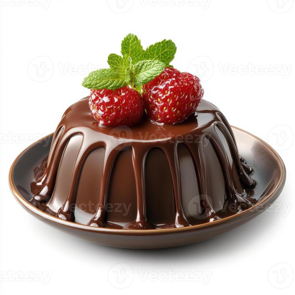 Delicious chocolate pudding dessert with fresh strawberries and mint leaves on a small plate, appealing sweet treat ideal for snacks or celebrations photo