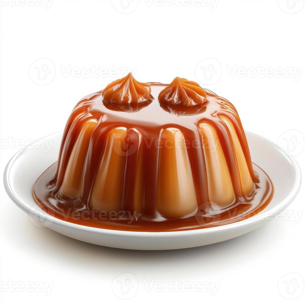 Delicious creamy caramel pudding with glossy caramel sauce topped with caramel dollops served on a white plate for dessert or sweet treat photo