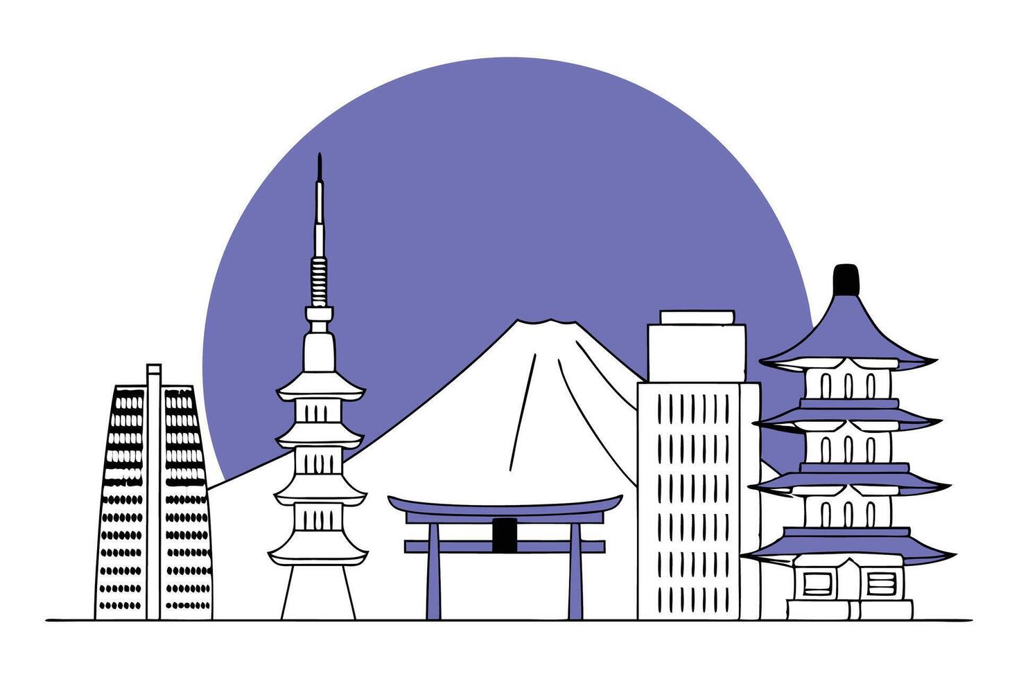 Illustrated cityscape of Tokyo with majestic Mount Fuji and classic buildings ideal for travel branding and Asian urban culture content vector
