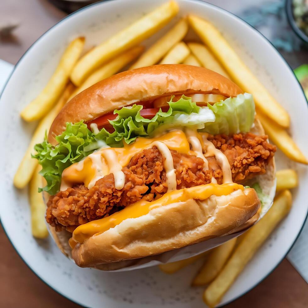 A chicken sandwich with fries on a plate photo