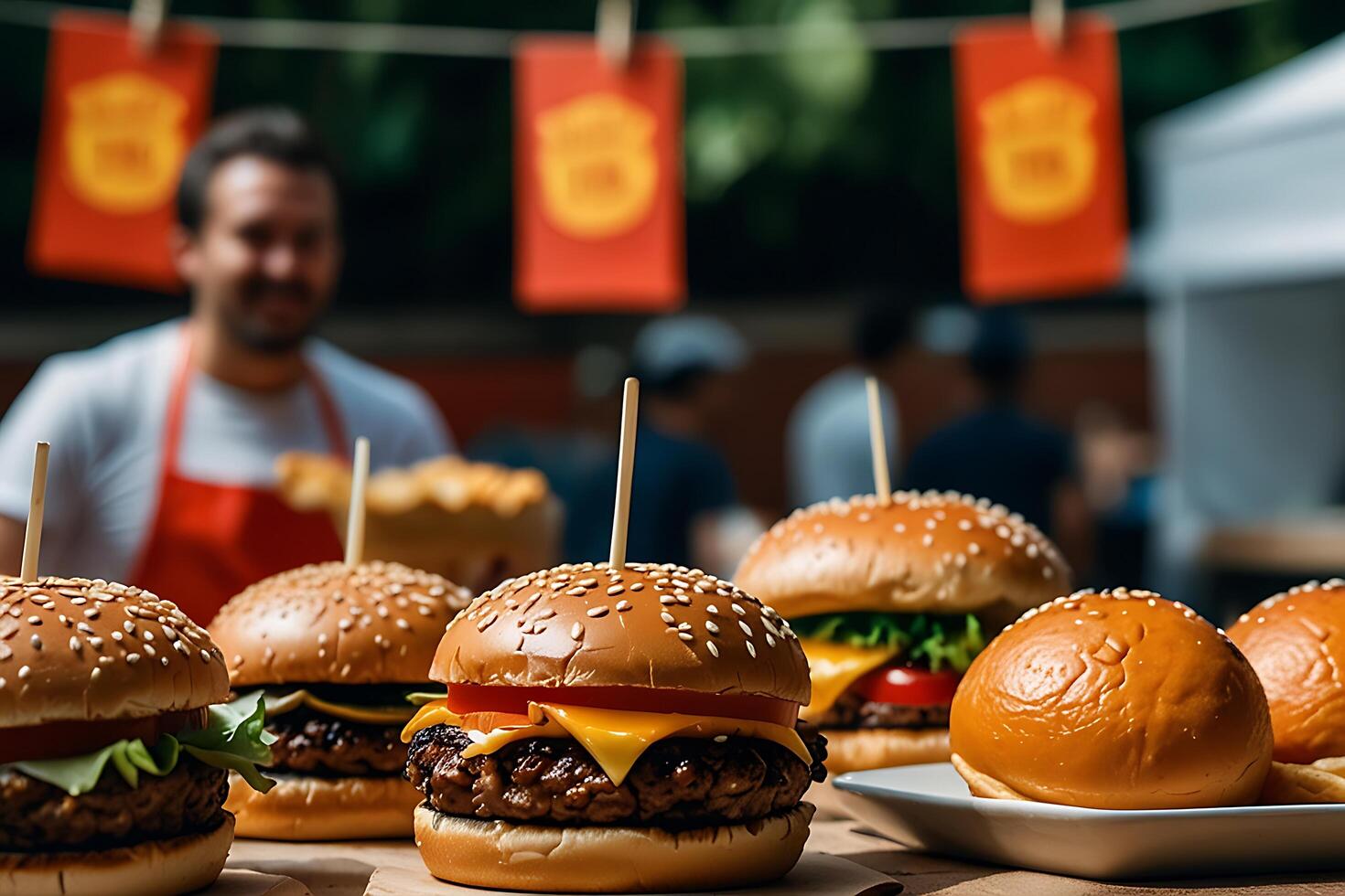A man is standing in front of a table with hamburgers photo